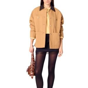 Maje Women's Beige Cotton Coat With Leather Collar Size 42| US 10